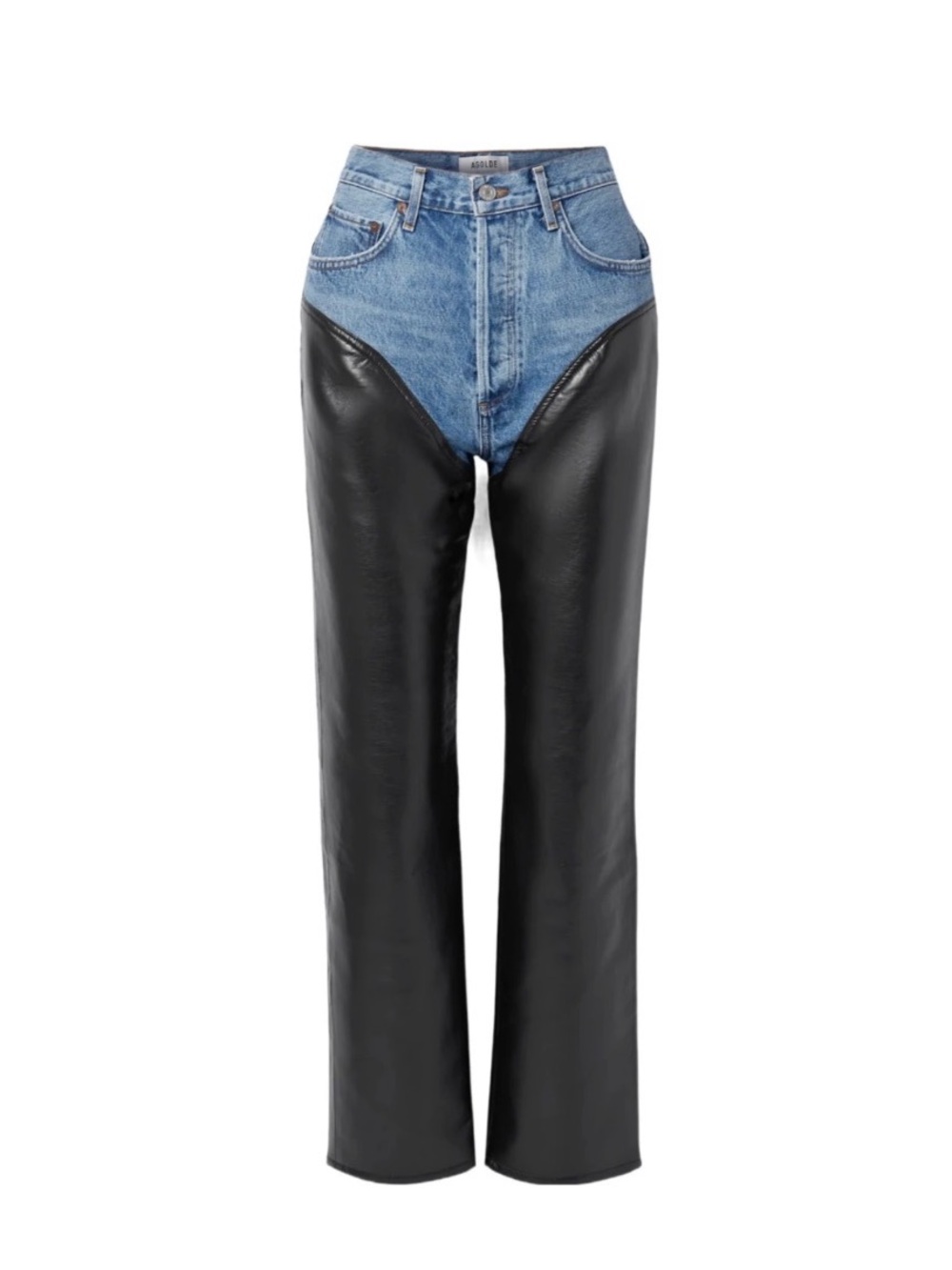 Agolde Harley Two-Tone Blue Denim & Black Leather-Panel Wide Leg Jeans